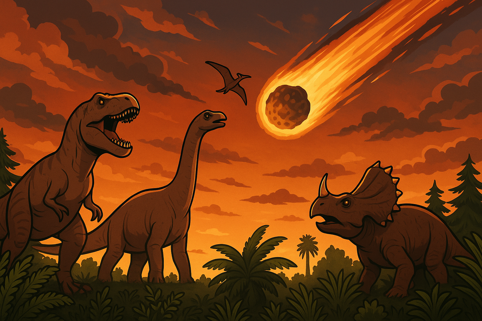 Dinoszauruszok a kihalás szélén, egy meteor közeledik az égen.