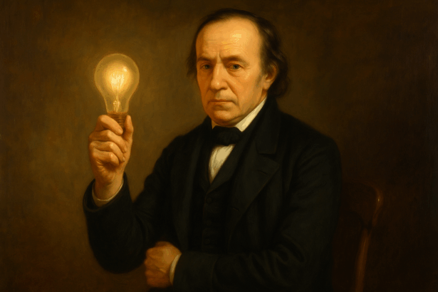 James Bowman Lindsay, a 19. századi feltaláló, aki egy égő izzót tart a kezében.