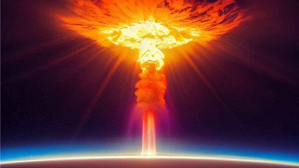 Egy hatalmas atombomba robbanásának látványos képe, lángokkal és füsttel.