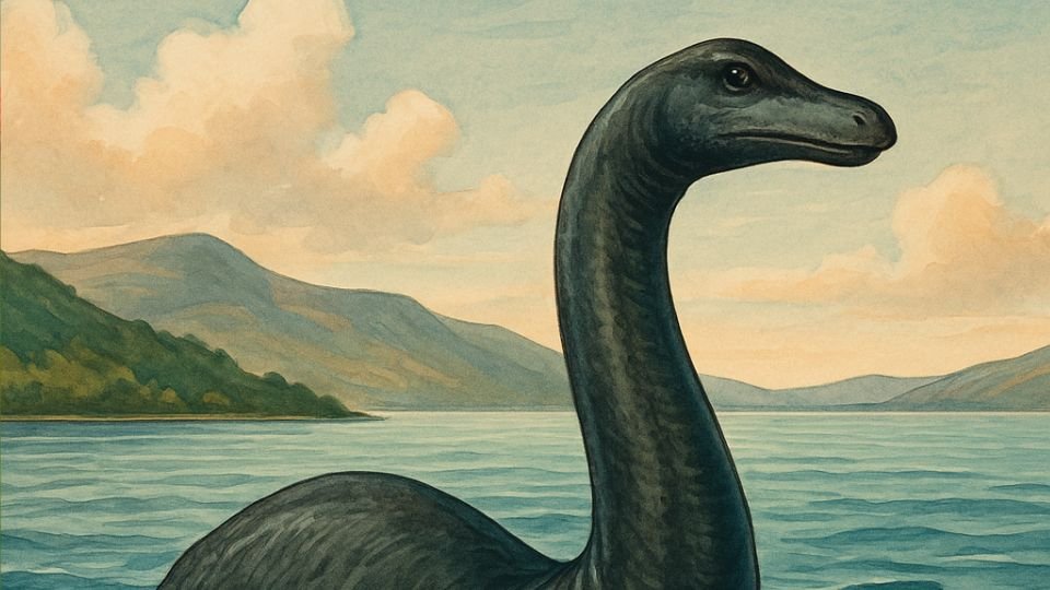 Loch Ness-i szörny egy vízparton, háttérben hegyekkel és felhőkkel.