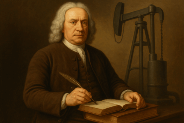 Thomas Newcomen, a híres feltaláló, aki a gőzgép fejlesztésében játszott kulcsszerepet, tollal és könyvvel a kezében.