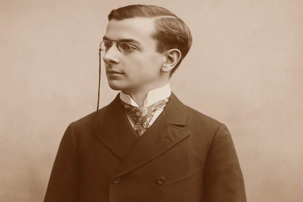 Egy fiatal férfi elegáns öltönyben, szemüveggel, profilból néz a kamerába.