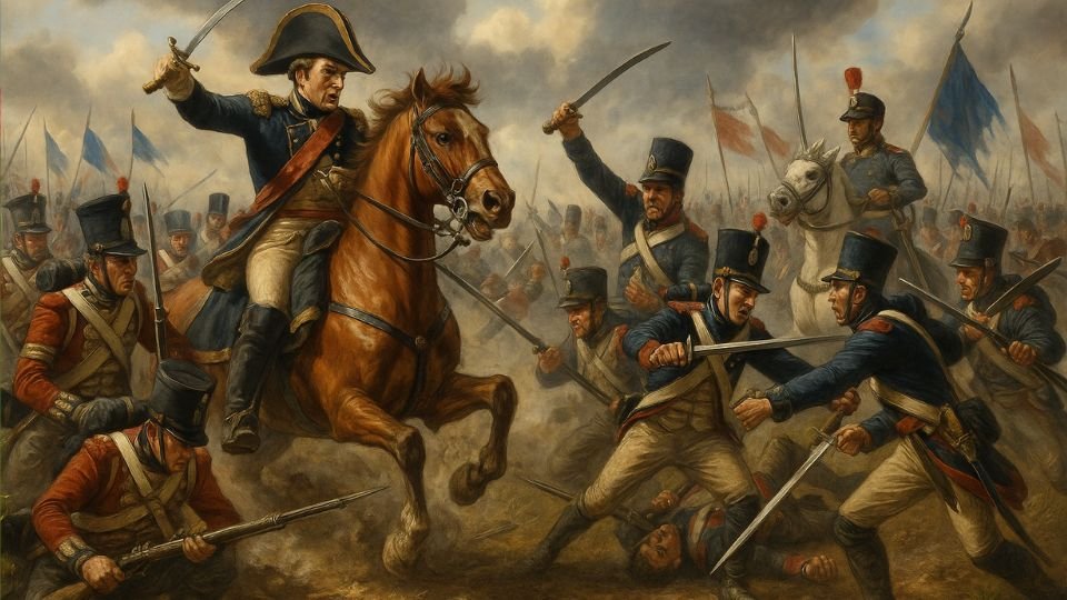A Waterloo-i csata jelenete, katonák harcolnak, vezetőjük lovon áll.