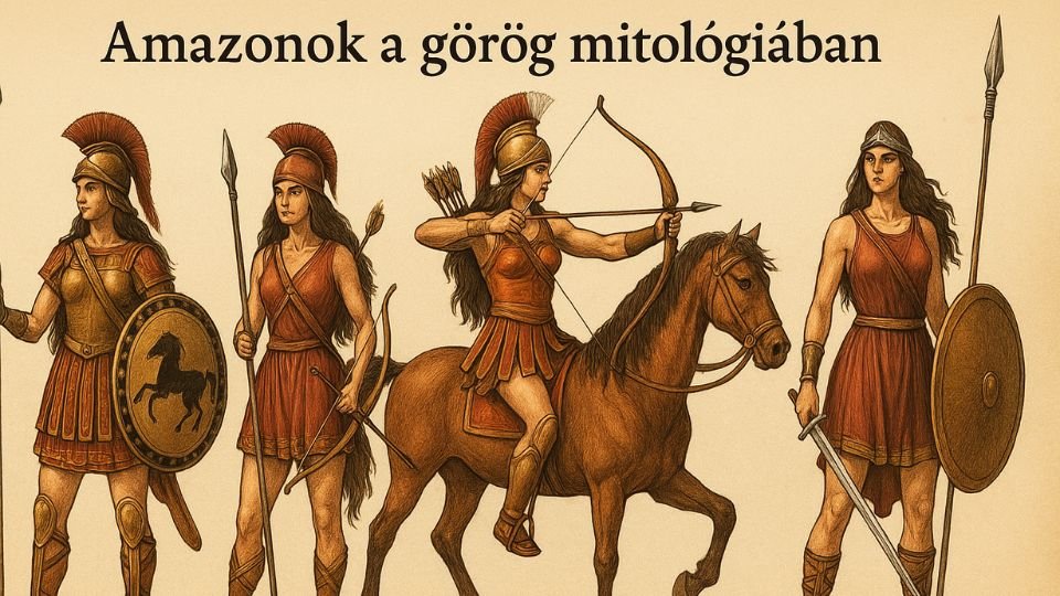 Görög mitológiában szereplő amazonok különböző harci felszerelésekkel és pózokban.