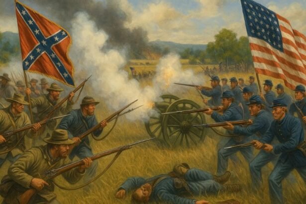 Amerikai polgárháborús csata jelenete, katonák harcolnak zászlókkal.