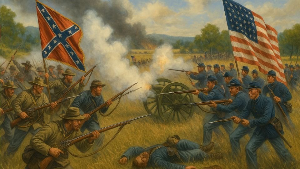 Amerikai polgárháborús csata jelenete, katonák harcolnak zászlókkal.