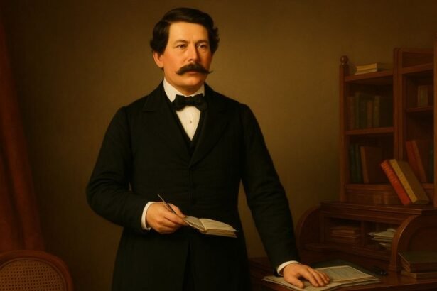 Egy férfi áll egy íróasztal mellett, elegáns öltönyben és bajusszal, könyvekkel a háttérben.