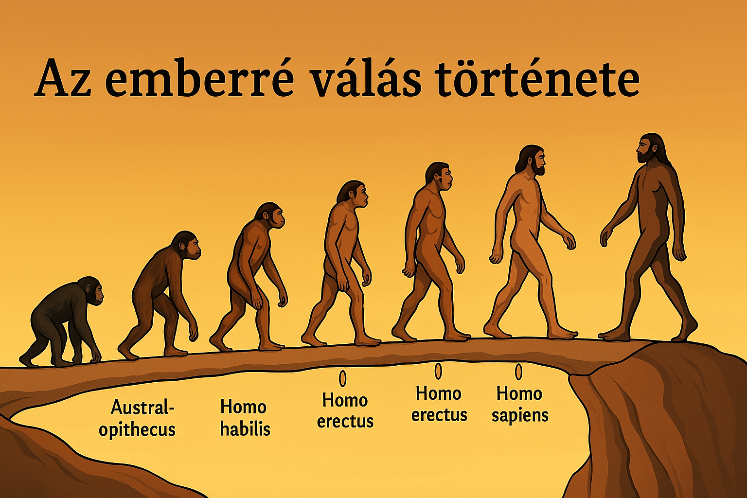 Az emberré válás folyamatát bemutató ábra, különböző emberelődökkel.