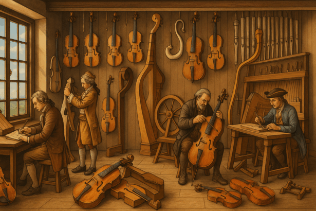 Hangszerkészítők dolgoznak egy műhelyben, különböző vonós hangszerekkel.