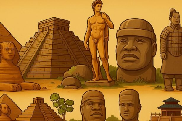 Több híres ókori civilizáció szimbólumai, mint a piramisok és szobrok.