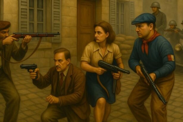 Francia ellenállók harc közben, fegyverekkel, feszültséggel teli jelenet.