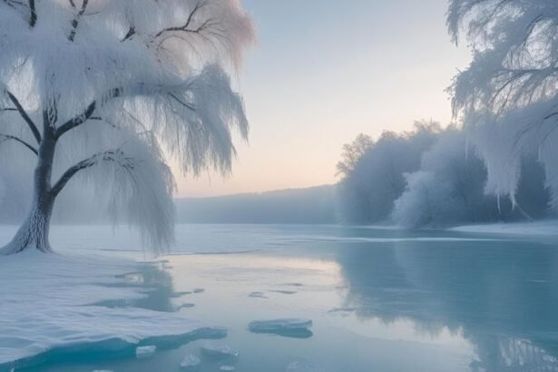 Téli táj, befagyott víz és havas fák láthatók a képen.