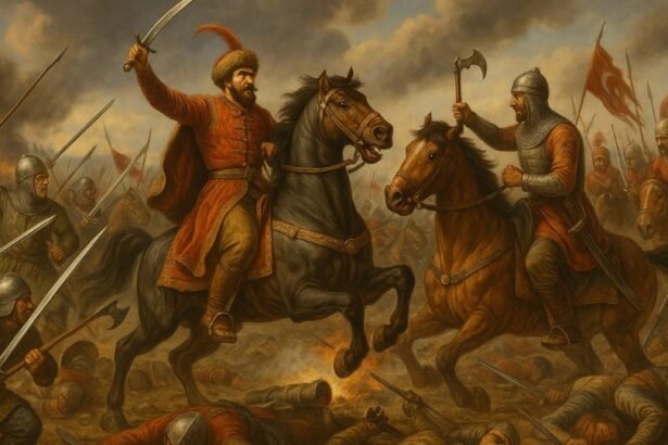 Két harcos vív a mohácsi csatában, lovaikon ülve, fegyvereikkel küzdenek.