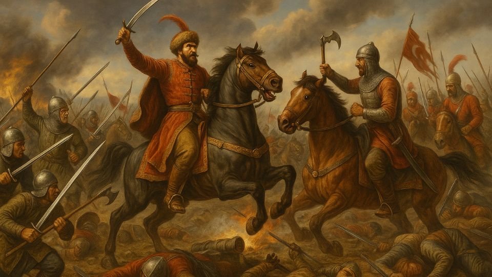 Két harcos vív a mohácsi csatában, lovaikon ülve, fegyvereikkel küzdenek.