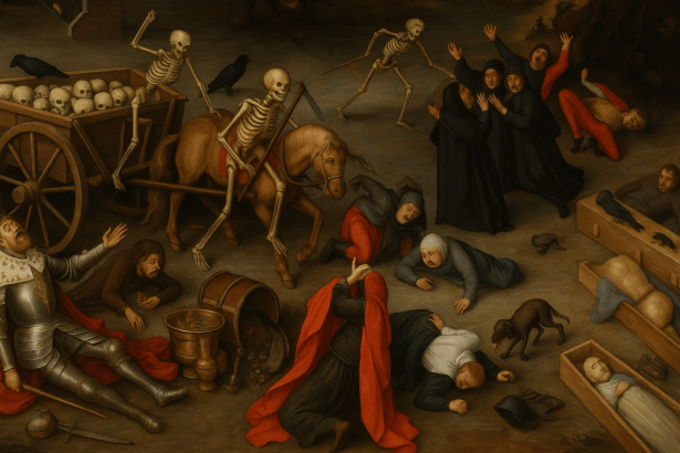A pestisjárványt ábrázoló festmény, ahol koponyák, csontvázak és pánikban lévő emberek láthatók.