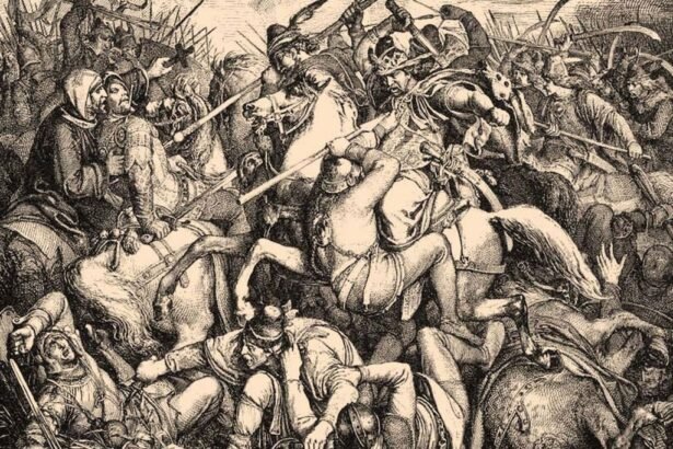 Középkori csata jelenete, lovasok és gyalogosok harcolnak egymással.