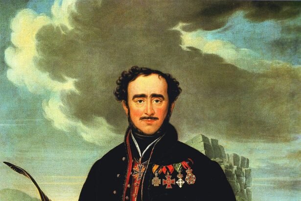 Széchenyi István, a magyar reformkor kiemelkedő alakja, díszes egyenruhában, háttérben tájjal.