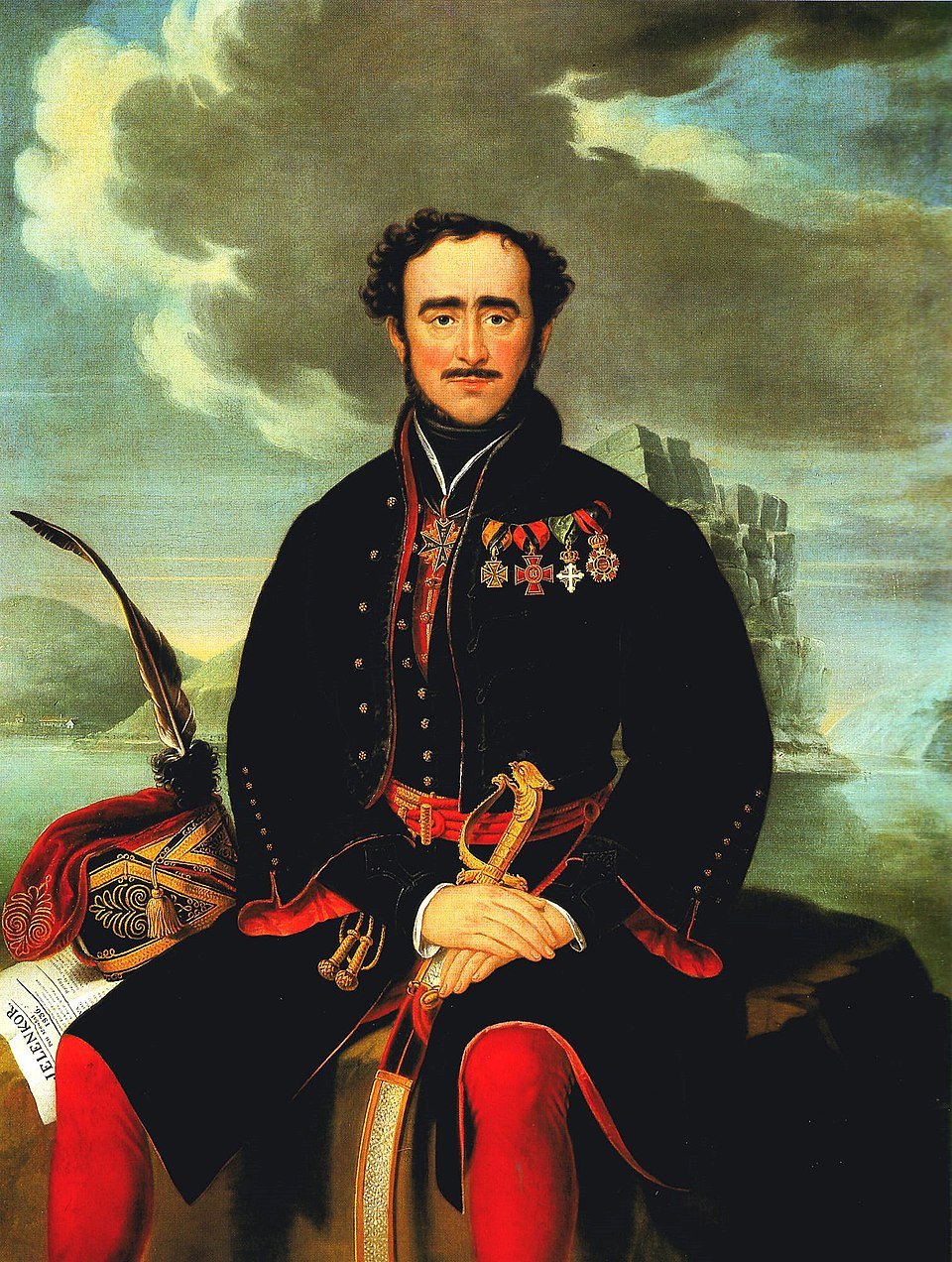 Széchenyi István, a magyar reformkor kiemelkedő alakja, díszes egyenruhában, háttérben tájjal.