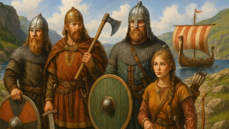 Viking harcosok és egy női íjász egy festői tájban, háttérben hajóval.
