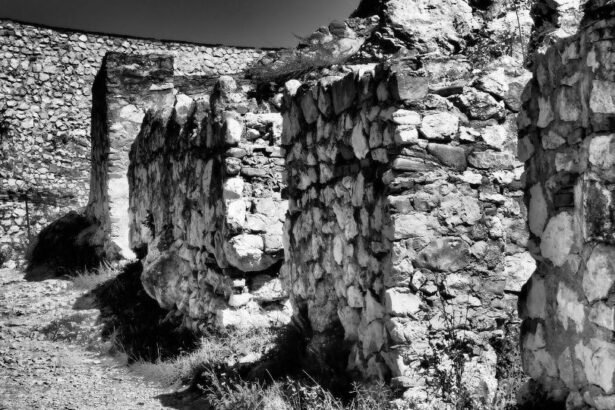 Kőfalak romjai, amelyek a feudalizmus korából származhatnak, zöld növényzet övezte területen.