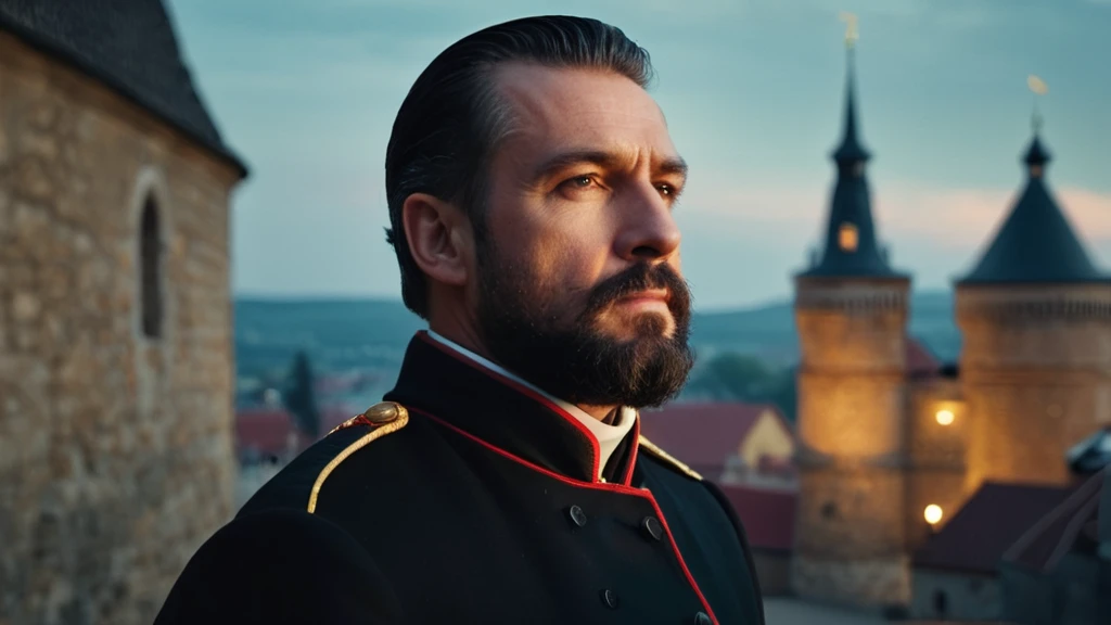 Dobó István történelmi alakja, katonai egyenruhában, háttérben várfalakkal.