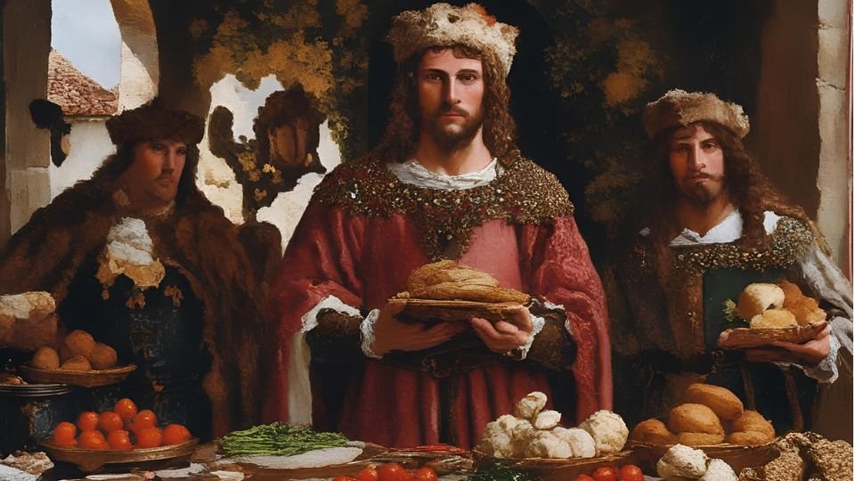 Középkori uralkodók gazdag étkezése, friss gyümölcsök és kenyerek.
