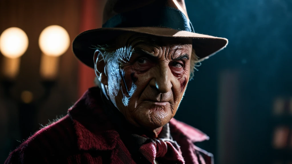 Egy rémisztő figura, Freddy Krueger, sötét háttérrel, fényekkel kiemelve.