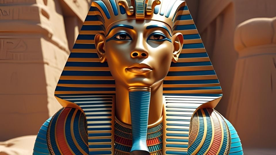 Egy fáraó arcmása, gazdag arany és kék díszítésekkel, az ókori Egyiptom stílusában.