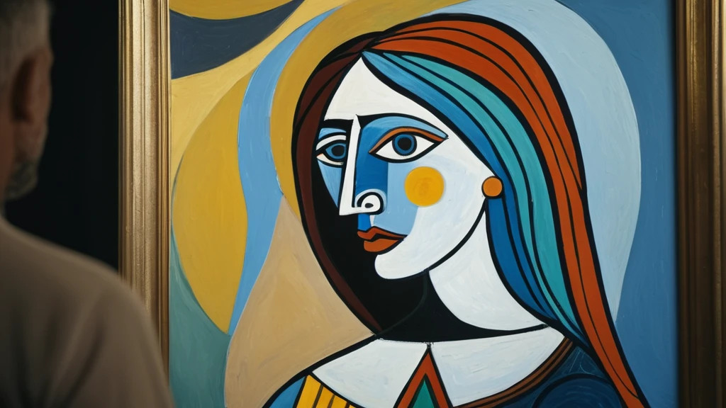 Egy férfi nézi Picasso híres festményét, amely egy női portrét ábrázol élénk színekkel.
