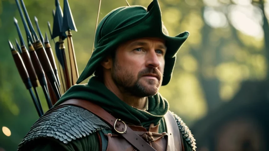 Robin Hood zöld ruhában, íjakkal a hátán, erdőben áll.