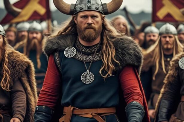 Viking harcosok csoportja, tradicionális öltözetben, erőt sugallva.