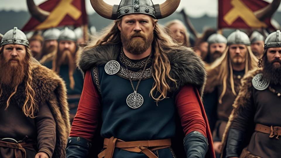 Viking harcosok csoportja, tradicionális öltözetben, erőt sugallva.