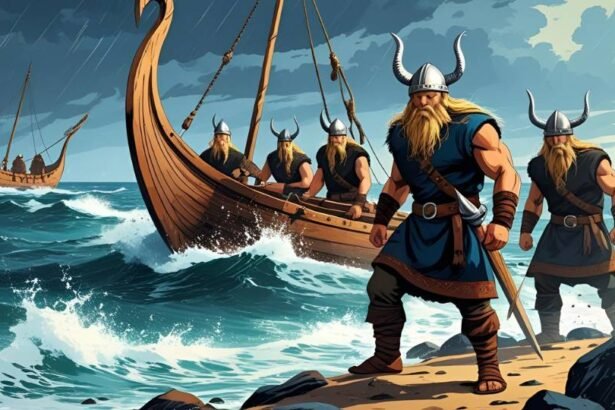 Viking hajósok állnak a parton, háttérben hajók vitorlázva.