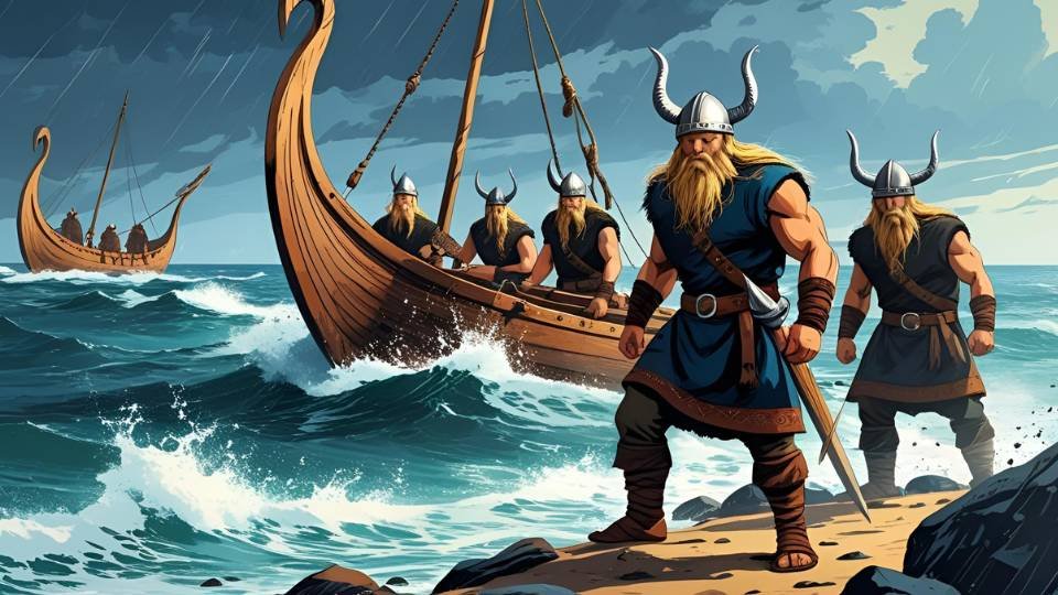 Viking hajósok állnak a parton, háttérben hajók vitorlázva.