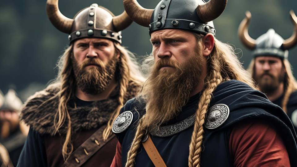Viking harcosok csoportja, jellegzetes sisakokkal és hosszú szakállal.