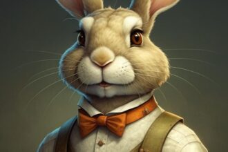 Egy öltönyös nyúl, akinek elegáns nyakkendője és barátságos arca van.