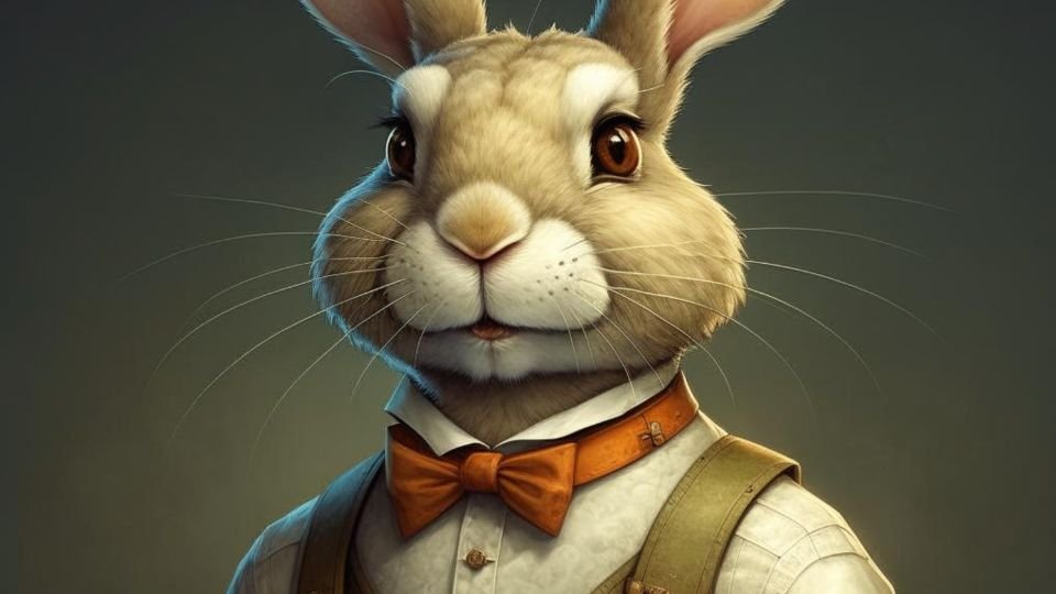 Egy öltönyös nyúl, akinek elegáns nyakkendője és barátságos arca van.