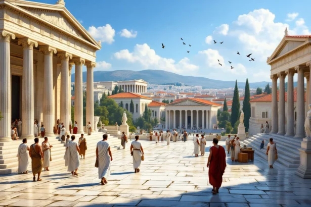 Az athéni demokrácia szívében, római stílusú épületek között sétáló emberek.