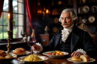 Egy elegáns férfi a 18. századból, gazdag étkezés közben, vörösborral és különféle ételekkel.
