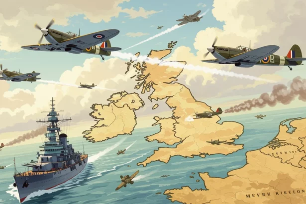 A Brit-szigetek felett harci repülők és egy hadihajó látható, a második világháború idején.