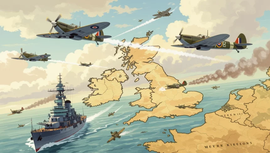 A Brit-szigetek felett harci repülők és egy hadihajó látható, a második világháború idején.
