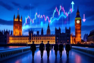 Négy férfi sétál a Temze partján, a Parlament és a Big Ben látképével a háttérben, grafikonokkal a levegőben.