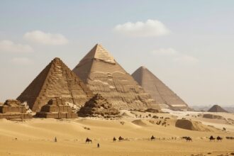A Gízai piramisok látképe, homokdűnék között, tevék és emberek láthatók.