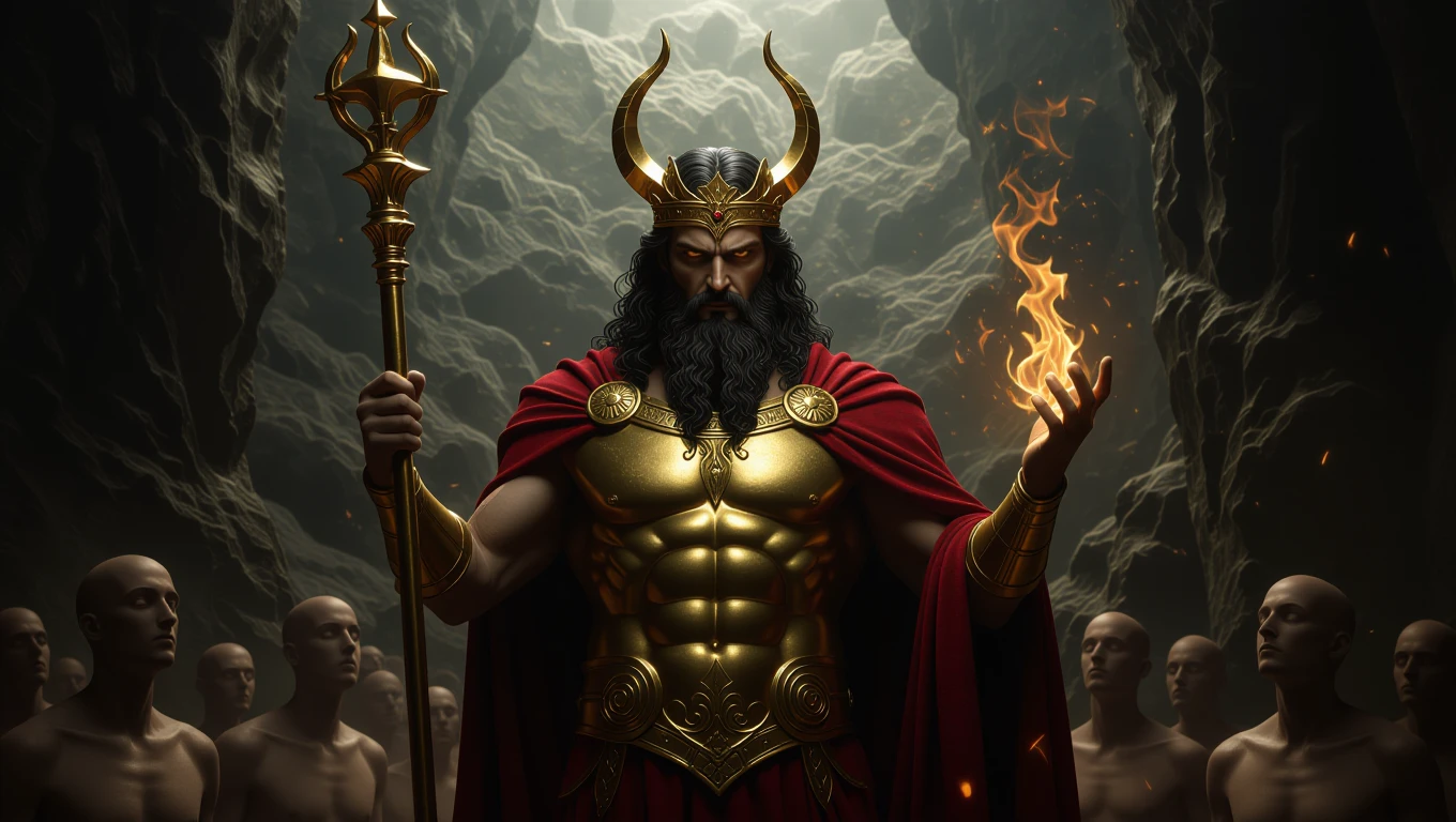 Hádész, az alvilág ura, arany pálcával és lánggal, körülötte alakokkal.