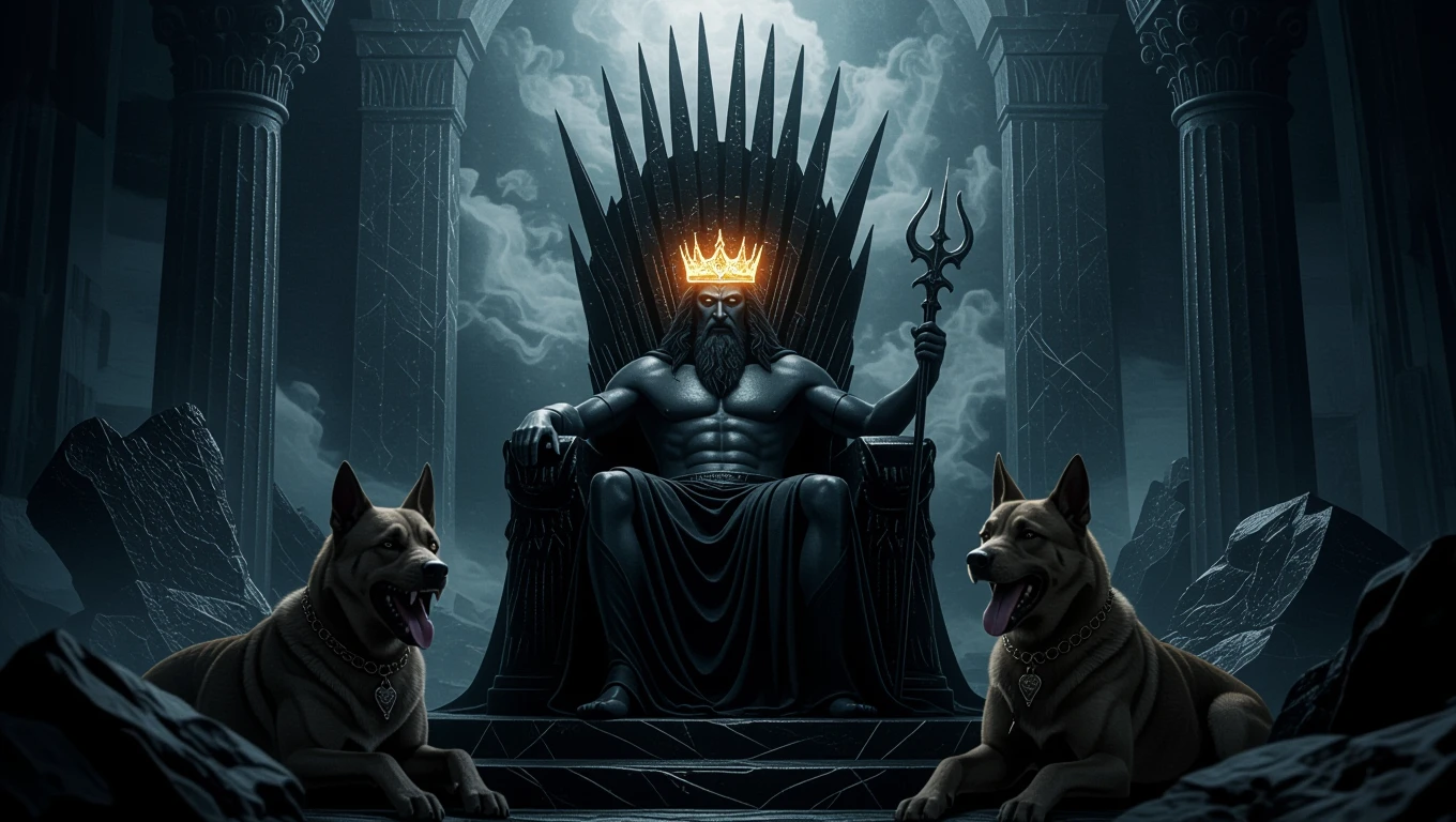 Hádész, az alvilág ura, trónján ül, két kutyával a lábánál.