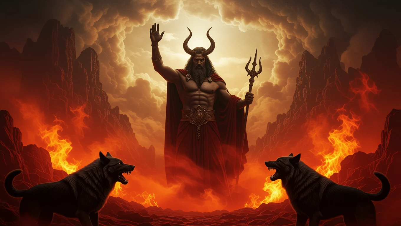 Hádész, a görög mitológia alvilágának ura, tridenttel és farkasokkal.