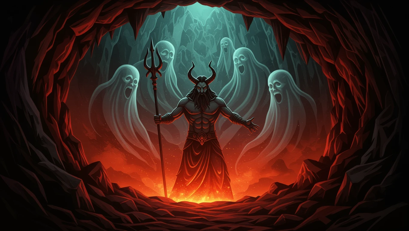 Hádész, az alvilág istene, látható a lángok és szellemek között.