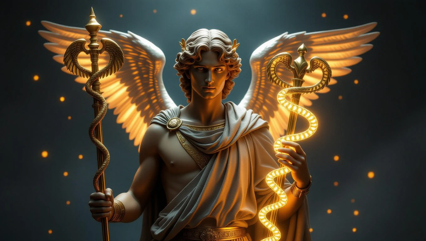 Hermész, a görög mitológia istene, arany szárnyakkal és kígyós pálcával.