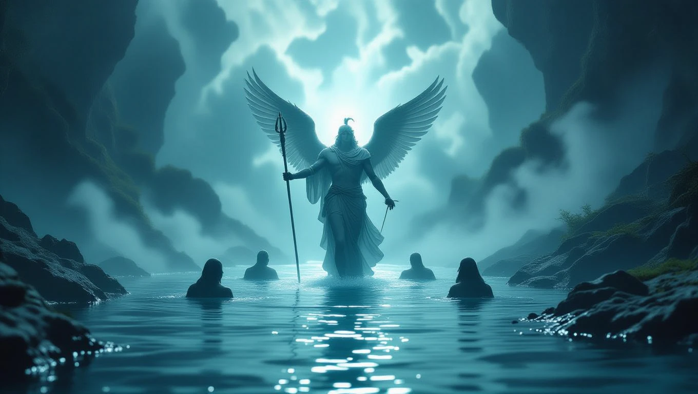 Hermész mitológiai alakja, szárnyas alakban, vízben állva, titokzatos háttérrel.