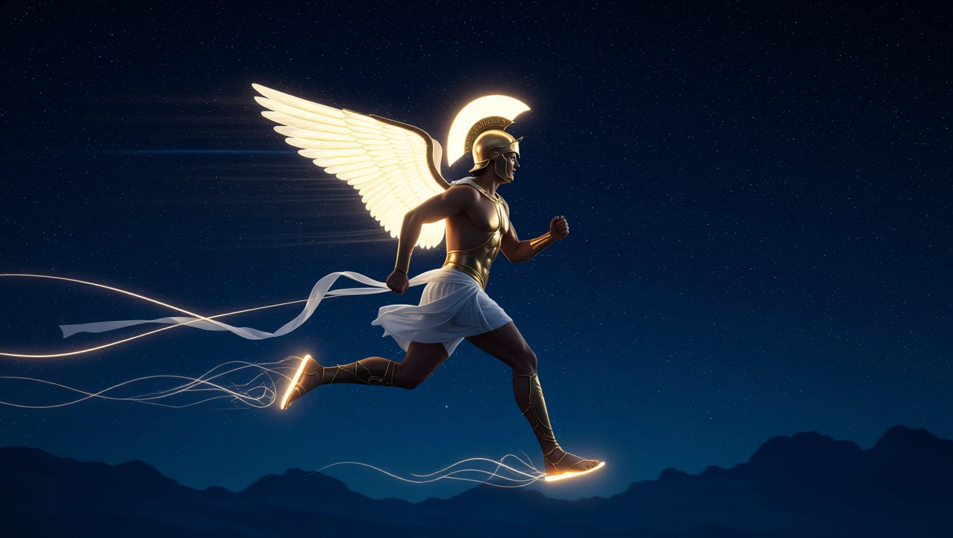 Hermész aranyszárnyú istenként fut a csillagos ég alatt, szimbolizálva a gyorsaságot.